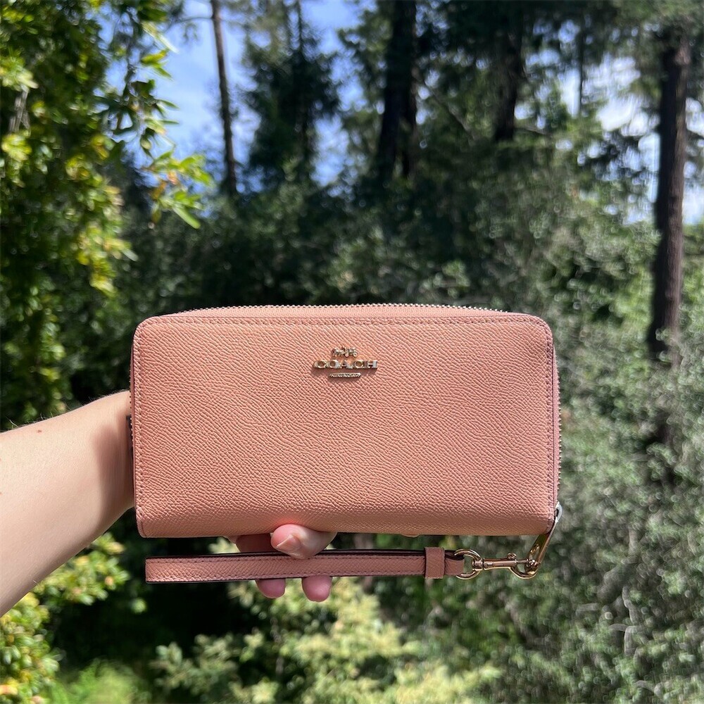 COACH Long Zip-Around Peach Crossgrain Leather Wallet GOLD Hardware AUTHENTIC